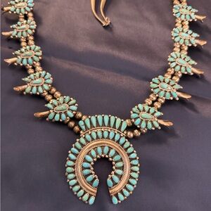 Navajo Petite Point Turquoise Squash Blossom Necklace